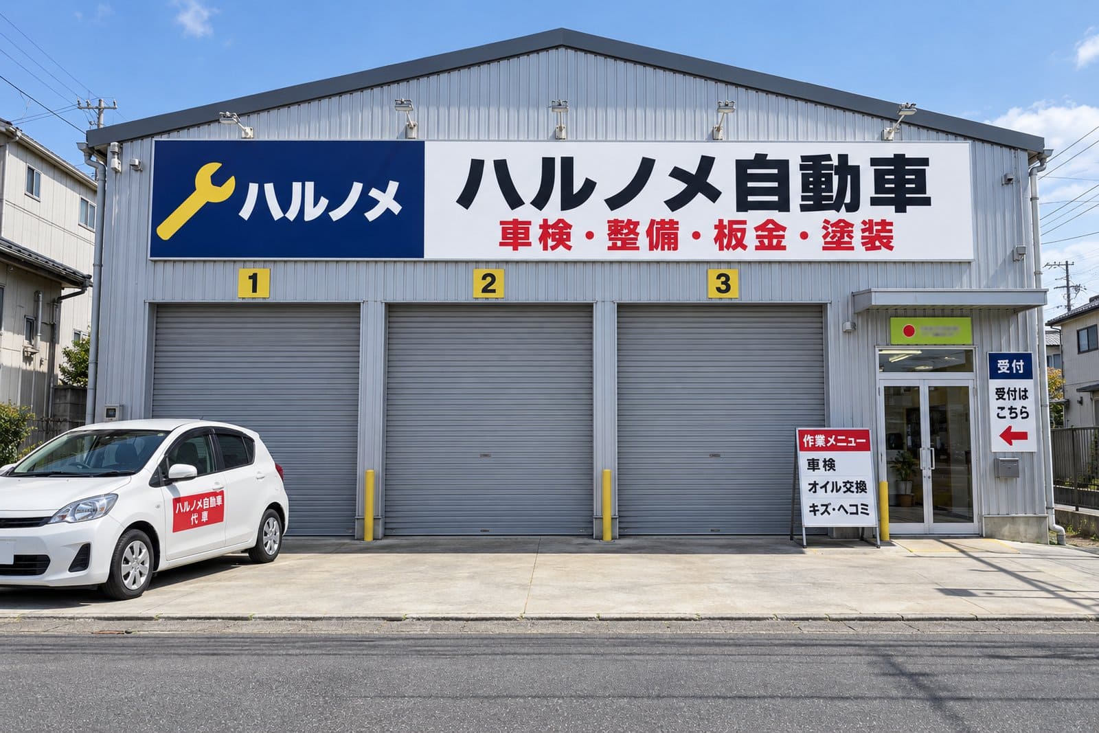 整備・板金の工場の看板一式の完成イメージ。工場の上の店名、作業メニューの看板、ピットの番号、受付の案内