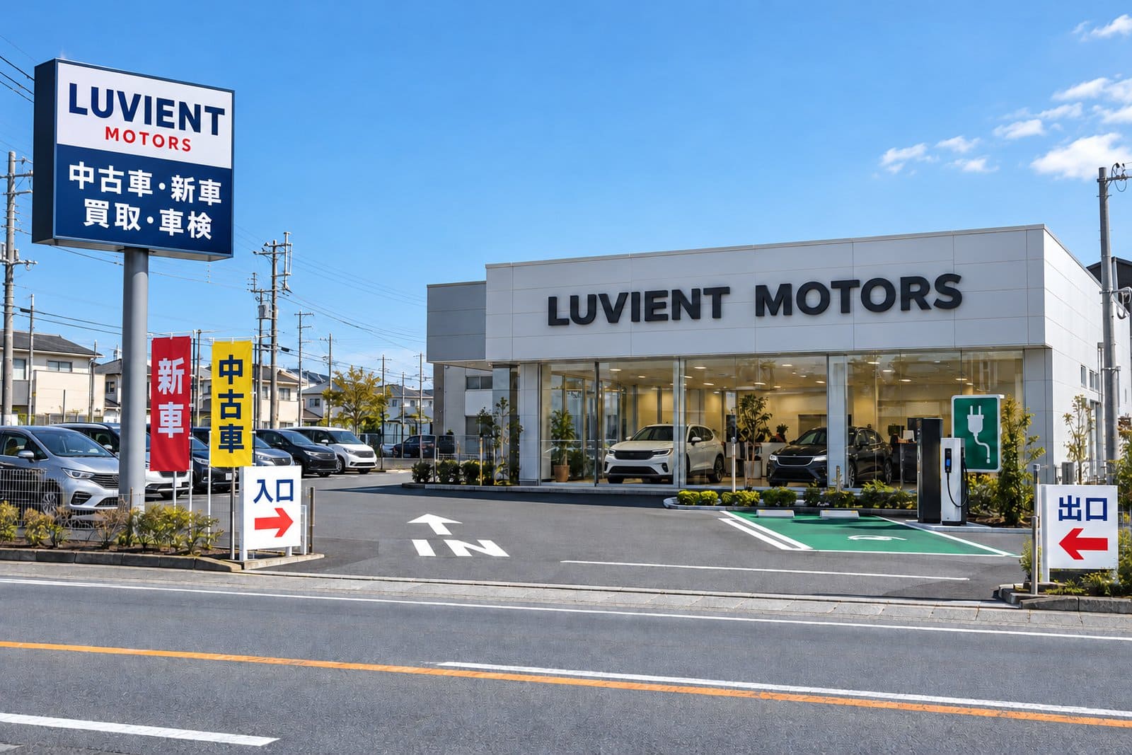 ロードサイドの車屋さんの看板一式の完成イメージ。高いポールサイン、ショールームの立体文字、入口の矢印、路面の表示