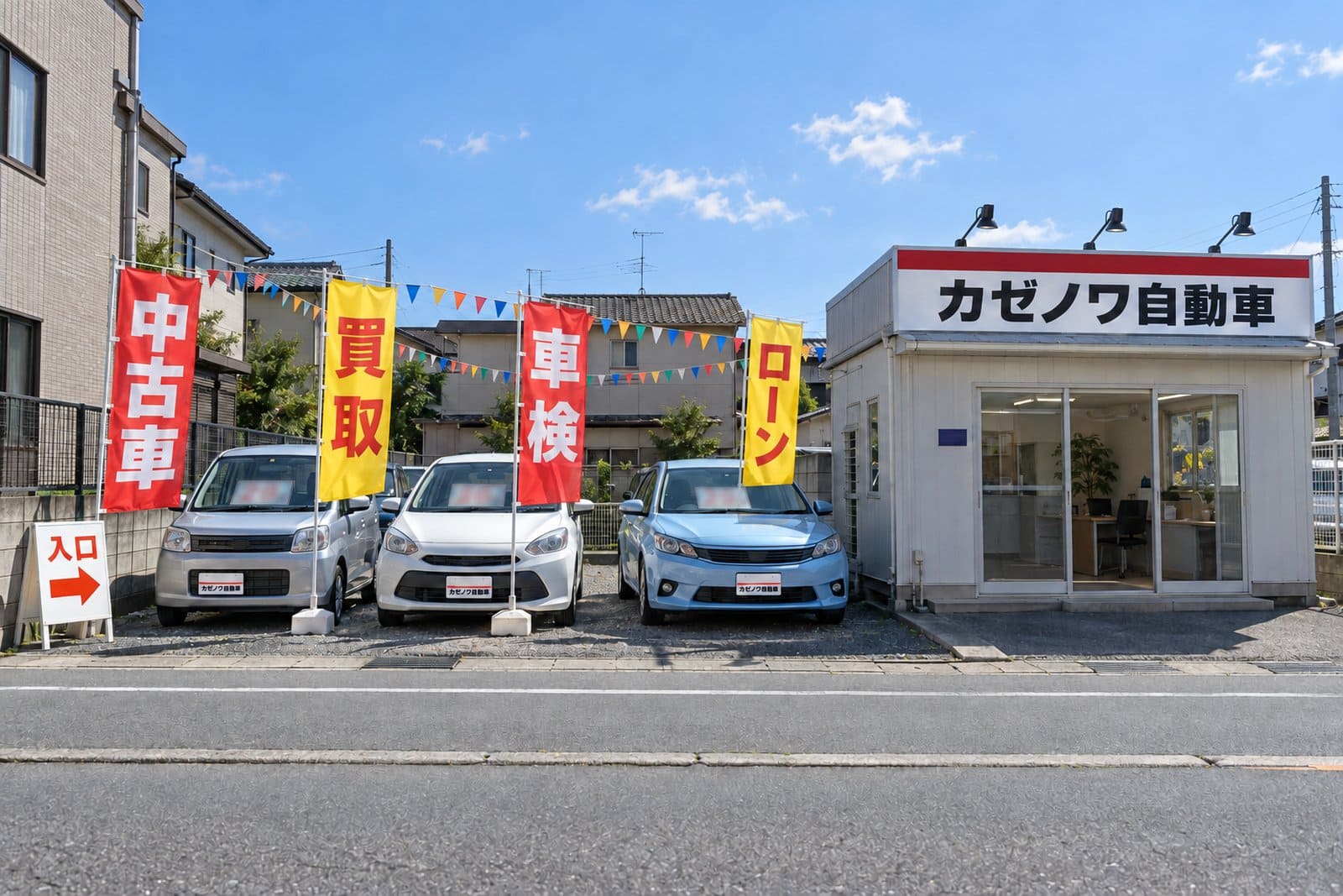 街の中古車店の看板一式の完成イメージ。事務所の上の店名の看板、のぼり、万国旗、展示車のプライスボード