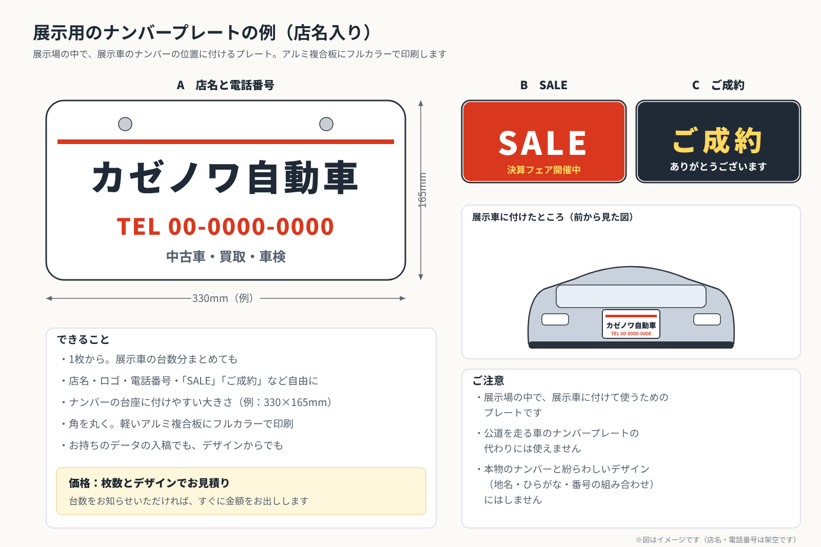 展示用のナンバープレートの例の図。店名と電話番号、SALE、ご成約の3つのデザインと、330×165mmの大きさ
