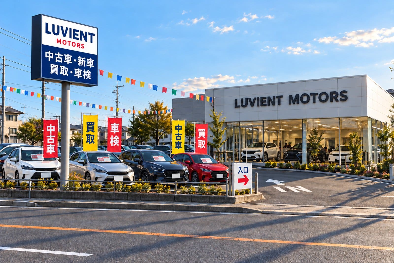 車屋さんの看板の例。道路沿いのポールサイン、ショールームの上の店名の看板、のぼり旗と万国旗、展示車のプライスボード