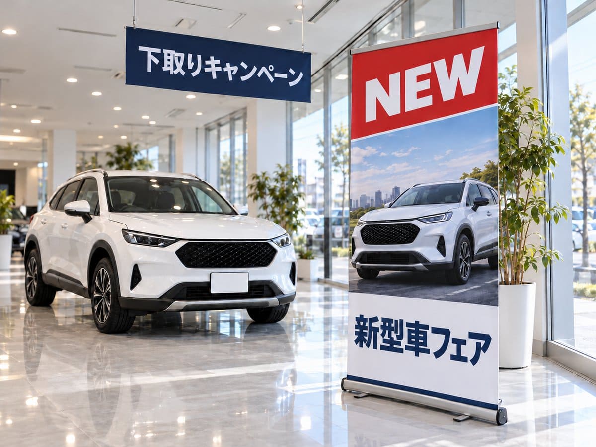 車のショールームの入口に立てたロールアップのバナースタンドと、天井から下げたタペストリーの例