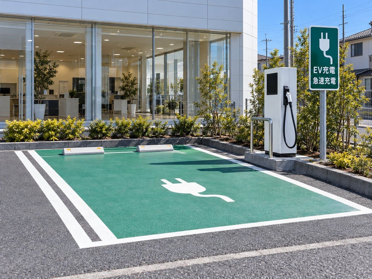 車屋さんのEV充電スポットの案内看板と、充電区画の緑色の路面シートの例