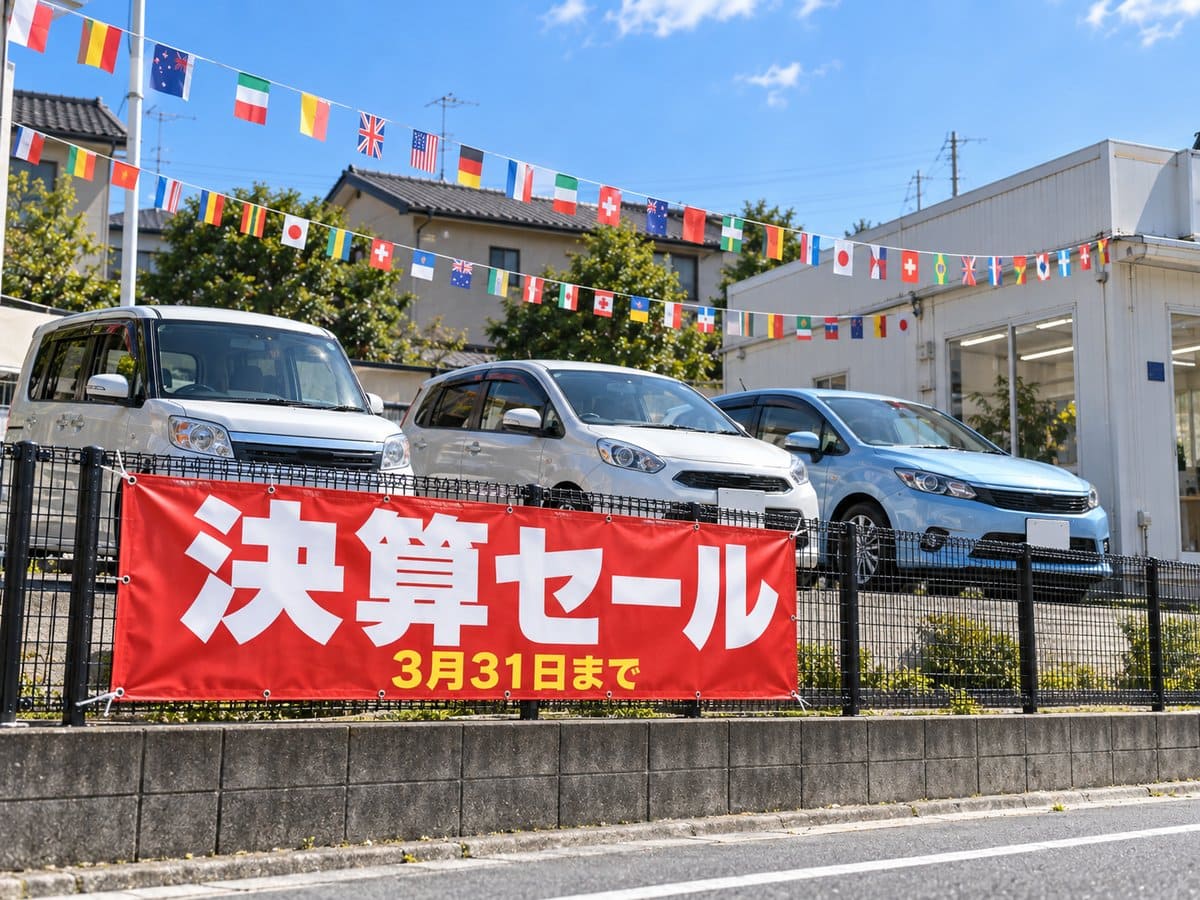 中古車の展示場の上に張った万国旗と、「決算セール」の横断幕の例