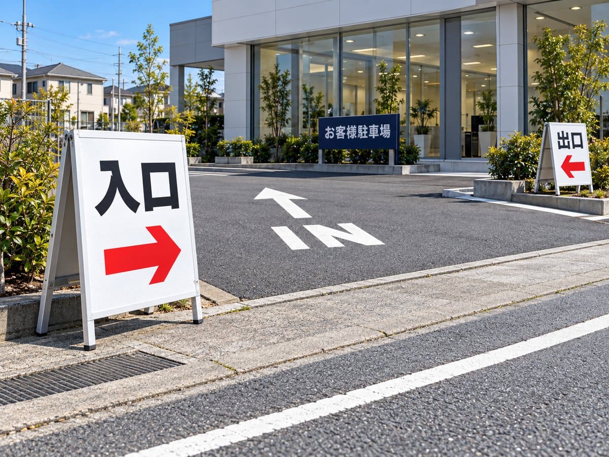 車屋さんの敷地の入口に置いた「入口」の矢印の看板と、出口の看板の例