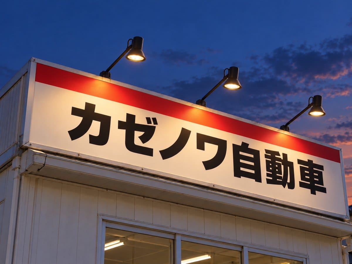夕方の車屋さんの店名の看板を、上からLEDのアームスポットライトで照らしている例