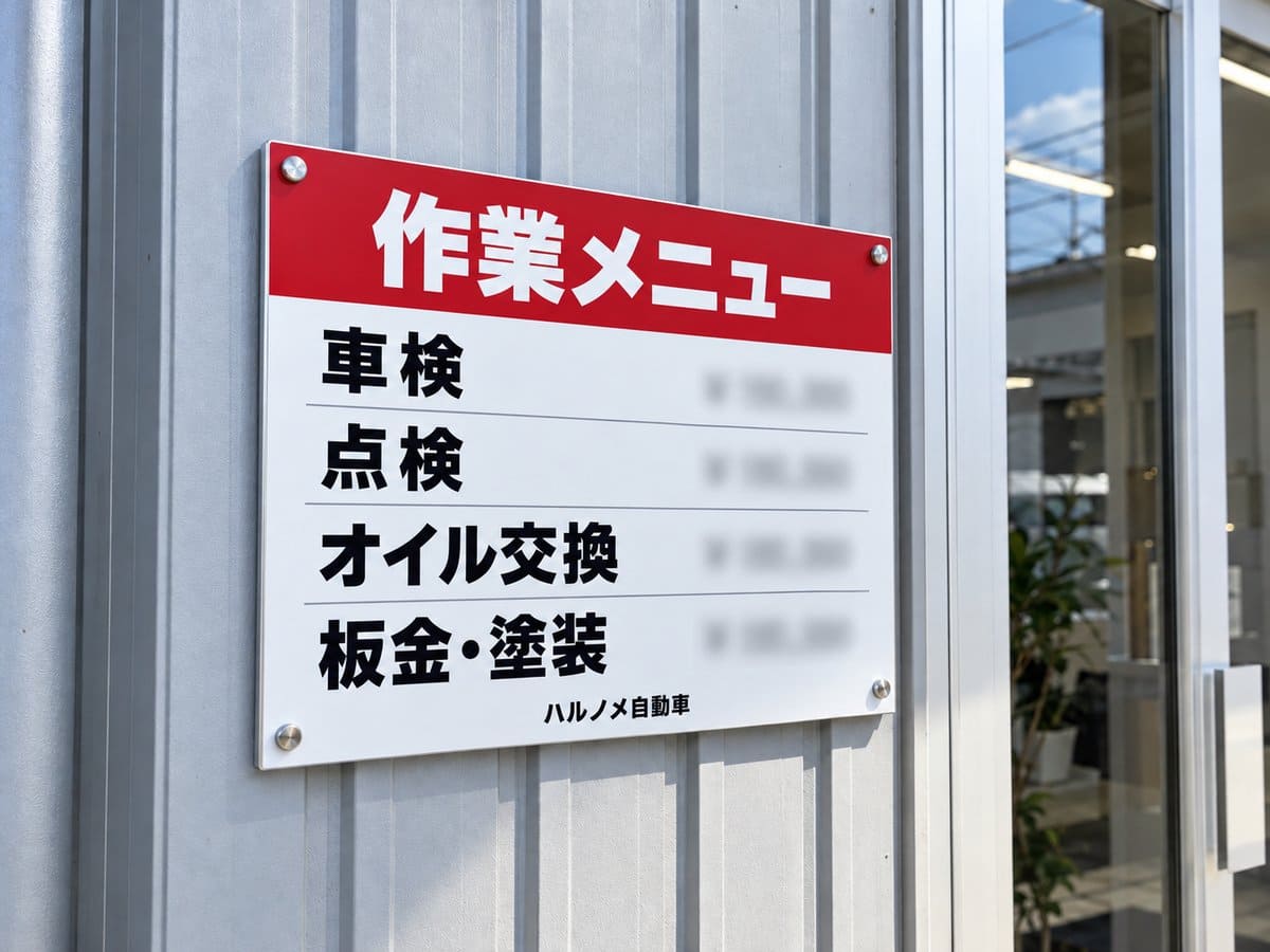 整備工場の入口に掲げた、車検・点検・オイル交換・板金塗装の作業メニューの看板の例