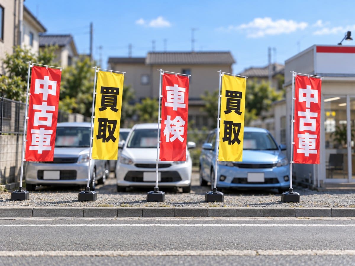 中古車の展示場の前に並べた「中古車」「買取」「車検」ののぼり旗の例