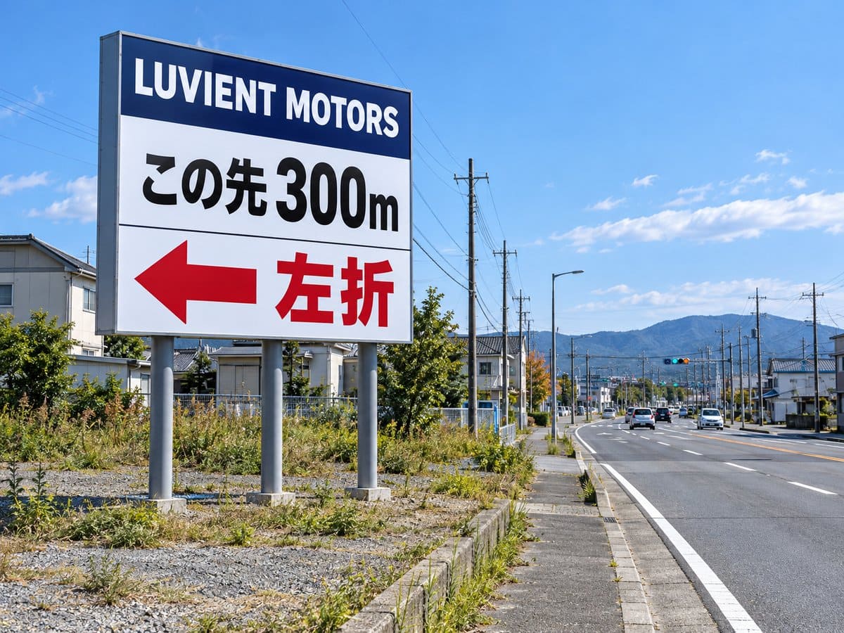 交差点の手前の野立て看板の例。「この先300m 左折」の矢印と車屋さんの店名