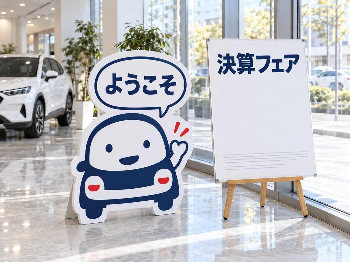 車のショールームの入口に立てたスチレンボードの等身大パネルと、イーゼルに載せた案内パネルの例