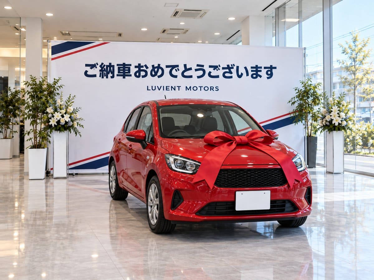 納車式の記念撮影に使う、店名入りの大きなフォトパネルと納車される車の例