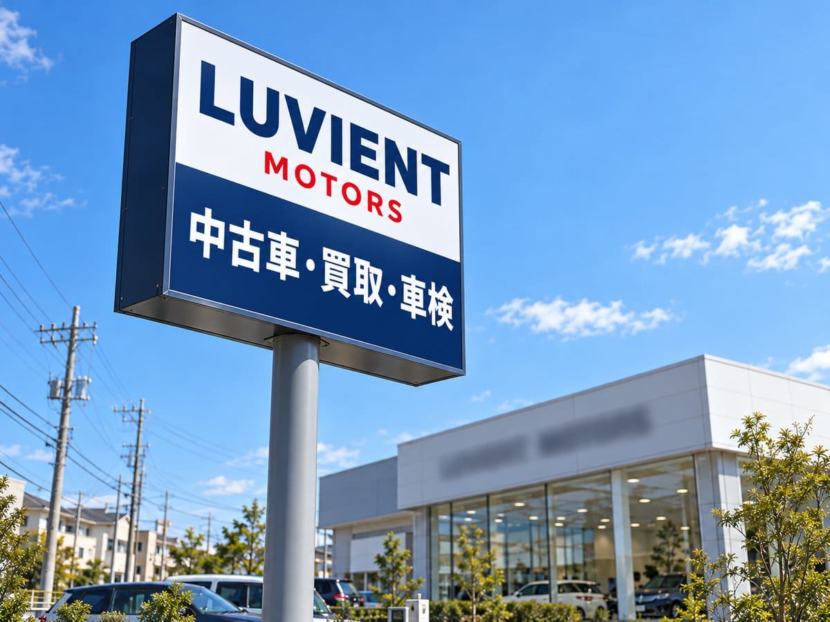 車屋さんの道路沿いの高いポールサインの例。内照式で店名と「中古車・買取・車検」の文字