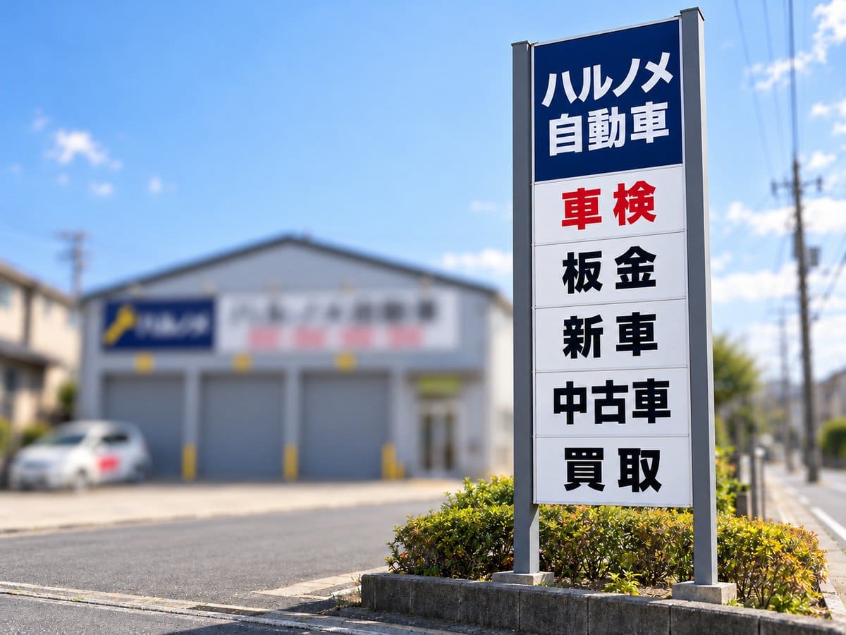 「車検・板金・新車・中古車・買取」のようにサービス名を縦に並べた、車屋さんの縦長の看板の例