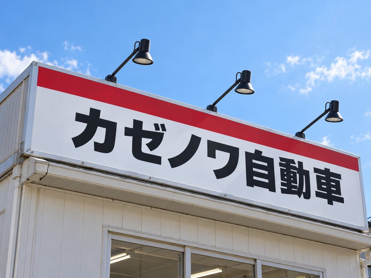 中古車店の事務所の上に付けた、アームライト付きの横長の店名の看板の例