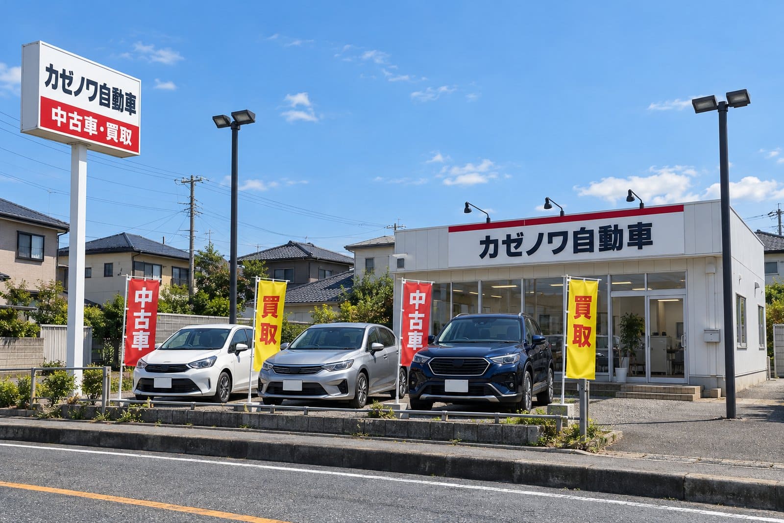 昼の車屋さんの外観の例。ポールサイン、事務所の上の店名の看板、展示車