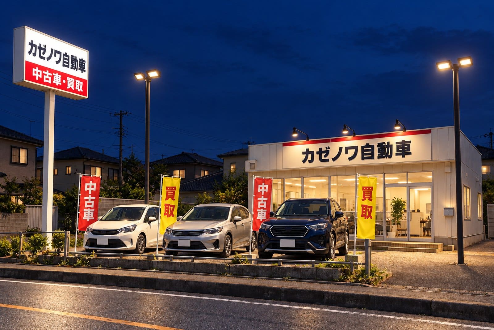 夜の車屋さんの外観の例。内照式のポールサインが光り、店名の看板をアームライトが照らし、展示場も明るい