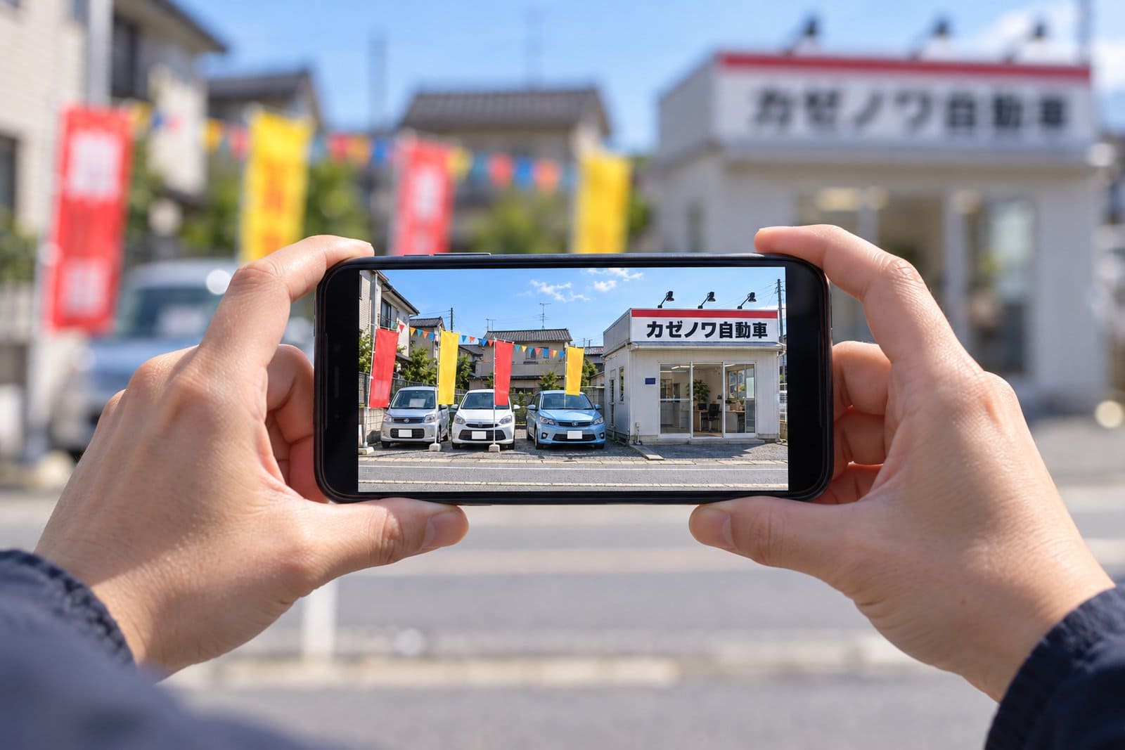 車屋さんの展示場の前の歩道で、スマートフォンを横向きに構えて店の全体を撮影している人の手元