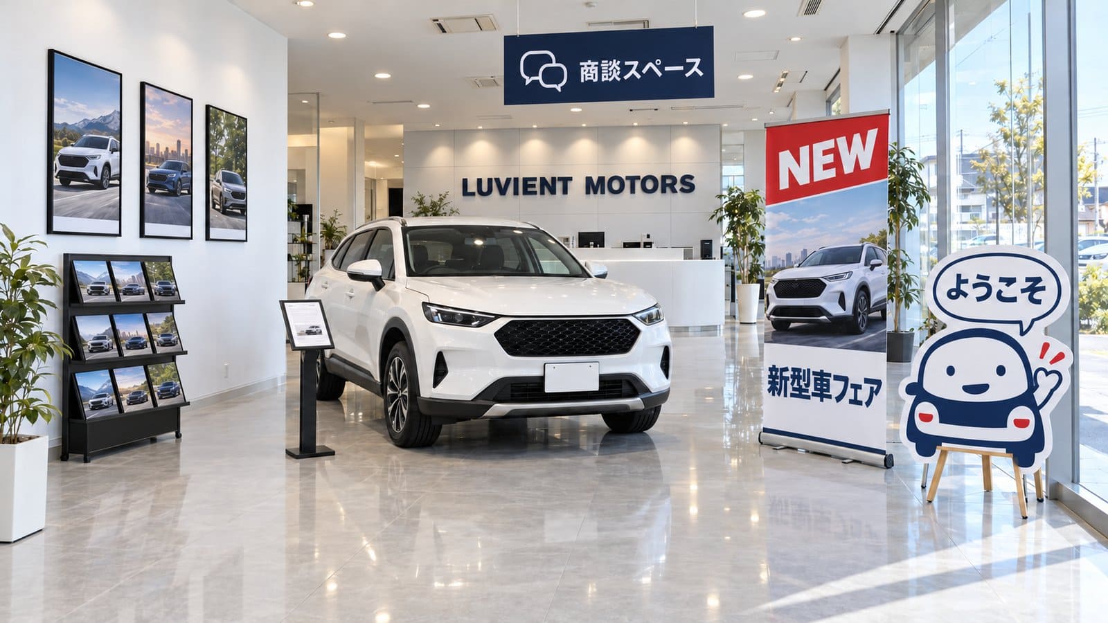 車のショールームの中の販促物の例。受付のロゴ、バナースタンド、等身大パネル、展示車の横のスペックスタンド、壁のポスターフレーム