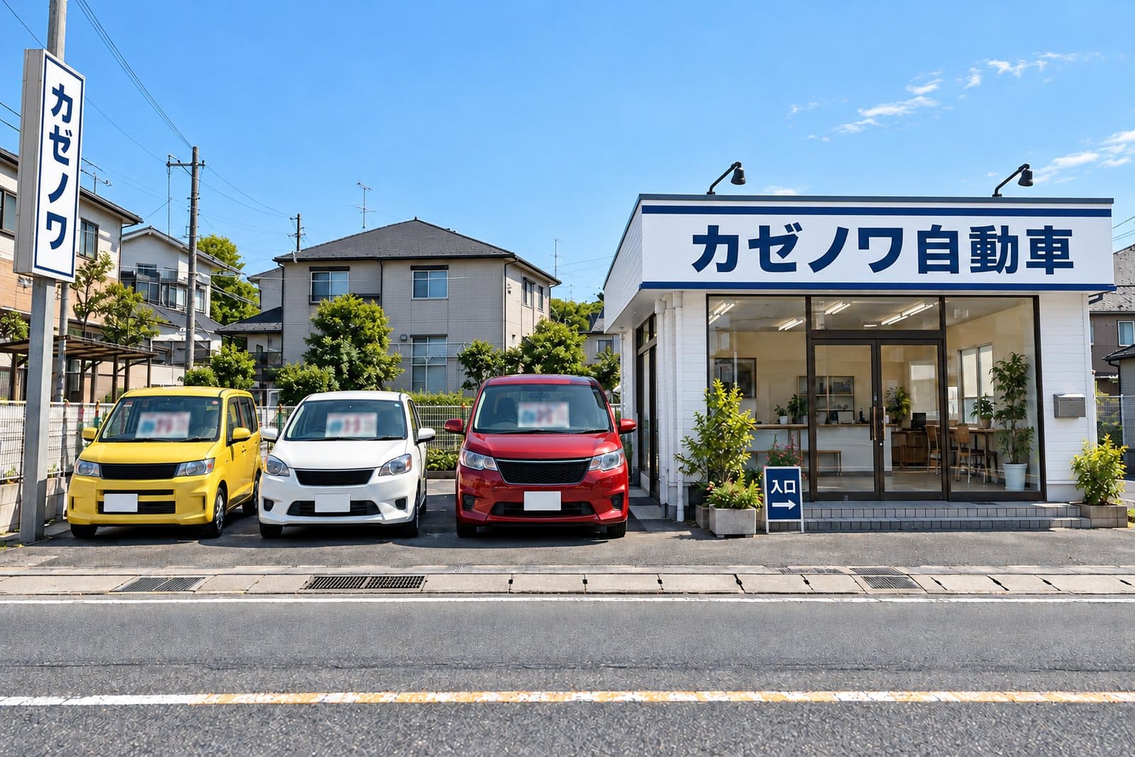 信頼・清潔な雰囲気の車屋さんの看板の例。白と紺のすっきりした店名の看板と整った展示場