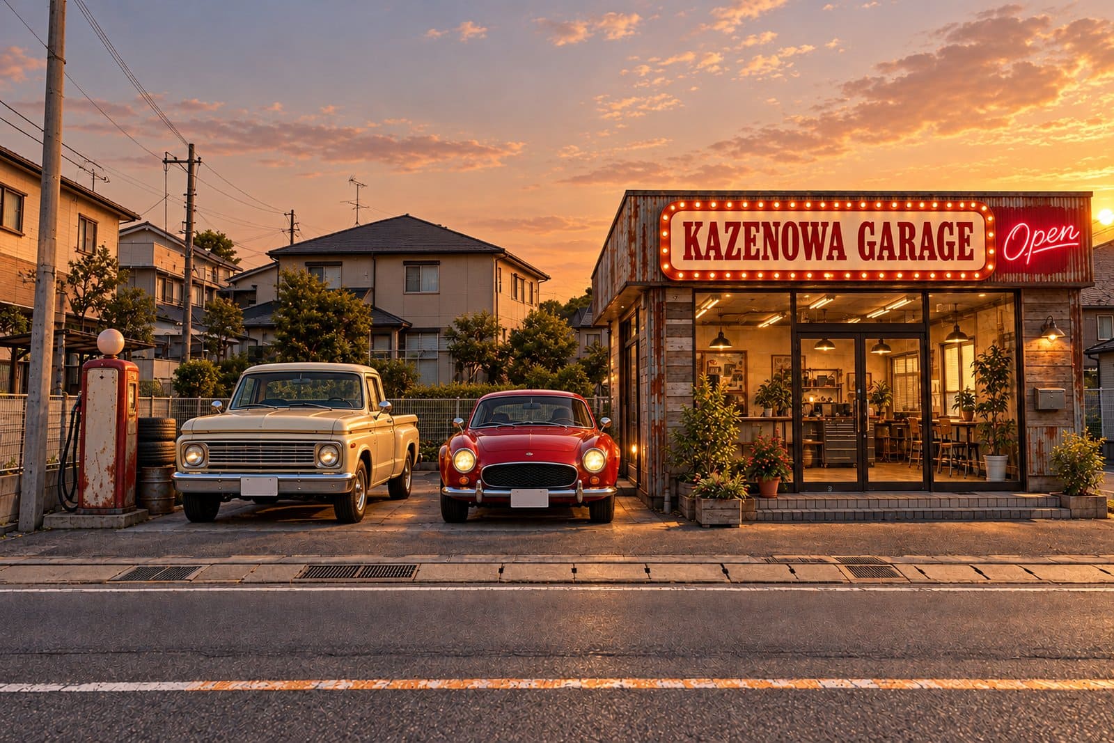 アメリカンガレージ風の車屋さんの看板の例。赤とクリーム色のレトロな看板と、ネオン風のLEDの文字