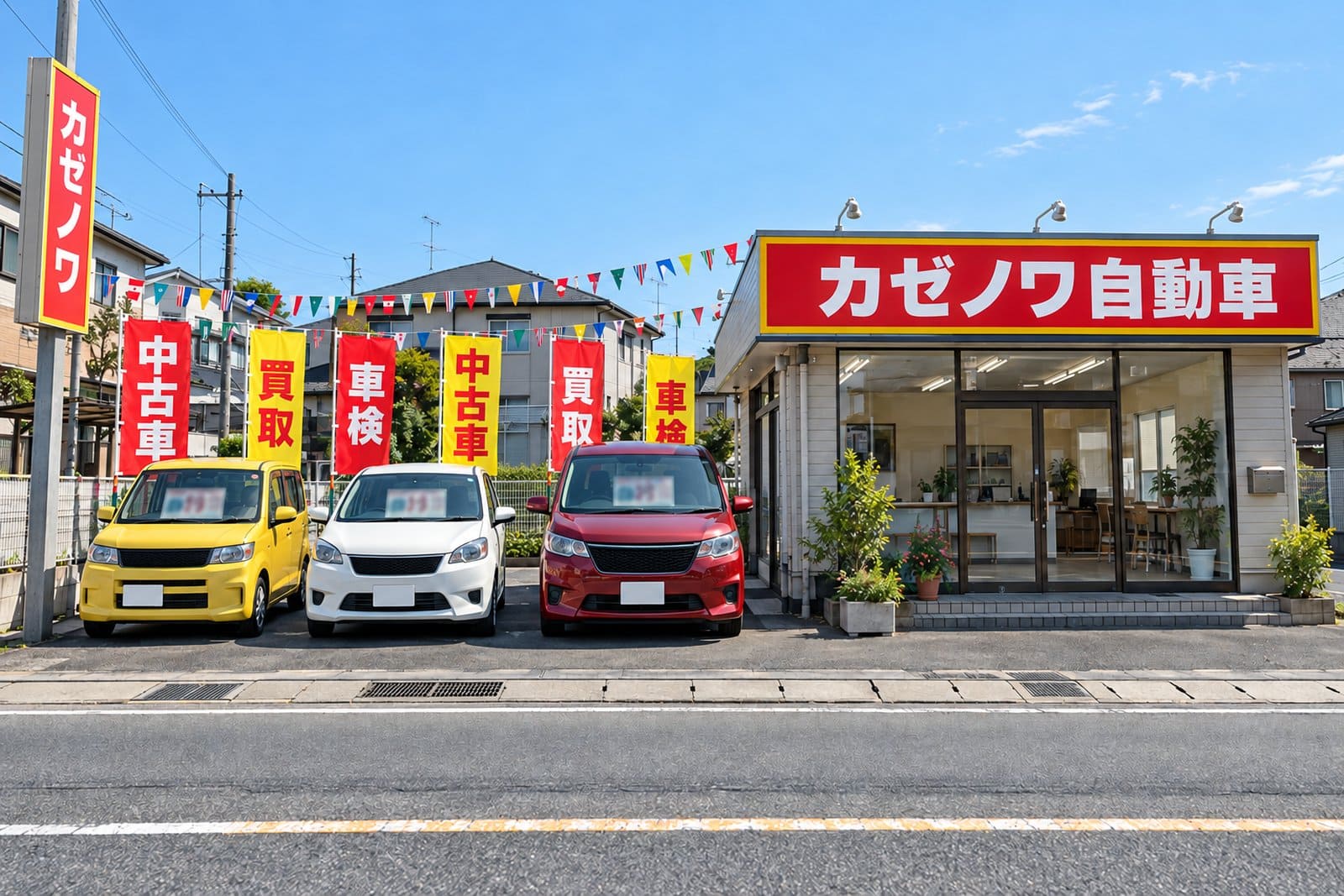 地域密着・にぎやかな雰囲気の車屋さんの看板の例。赤と黄色の店名の看板、のぼりと万国旗が並ぶ展示場