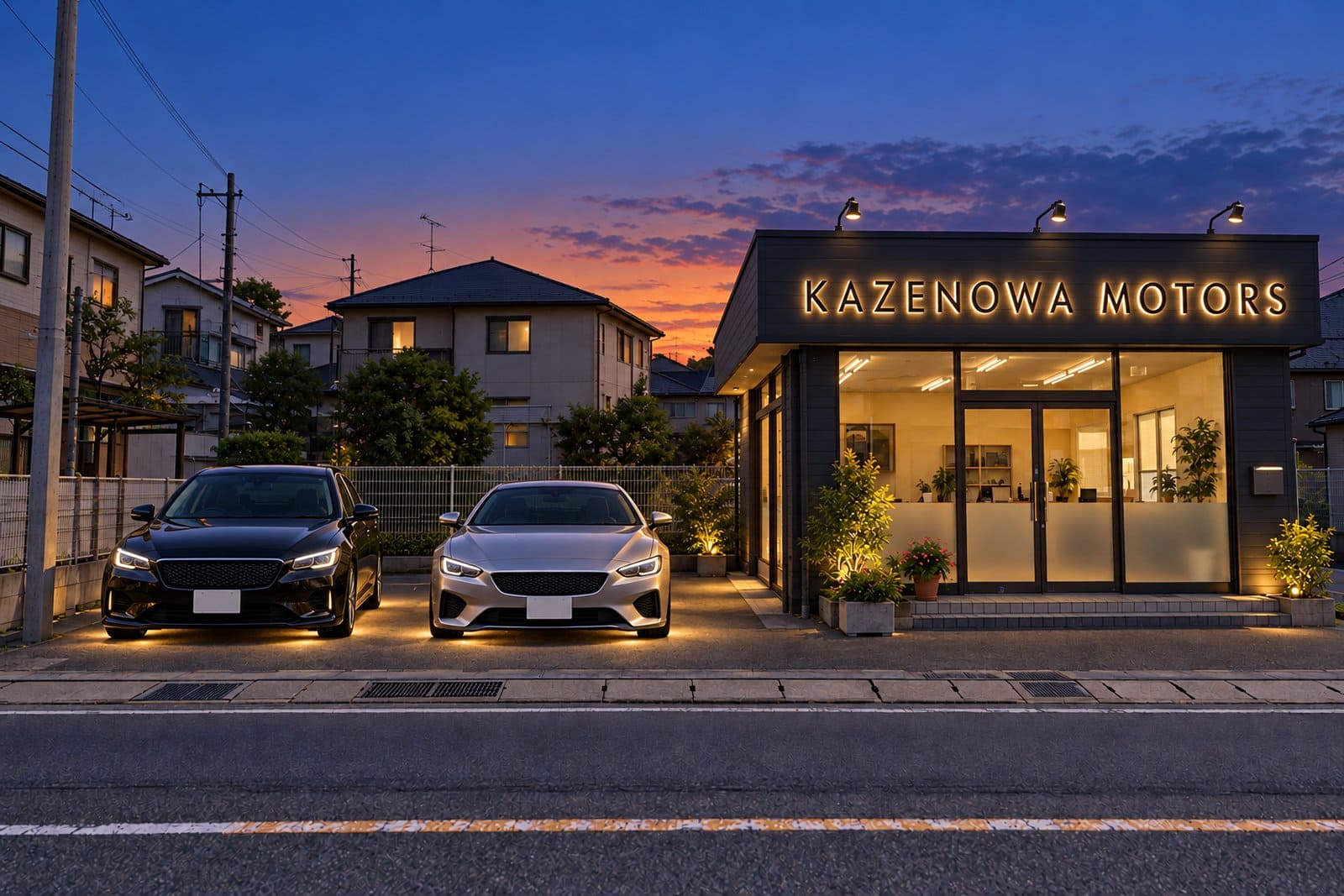 プレミアムな雰囲気の車屋さんの看板の例。黒い外壁に背面から光るステンレスの箱文字と、照明で浮かび上がる展示車