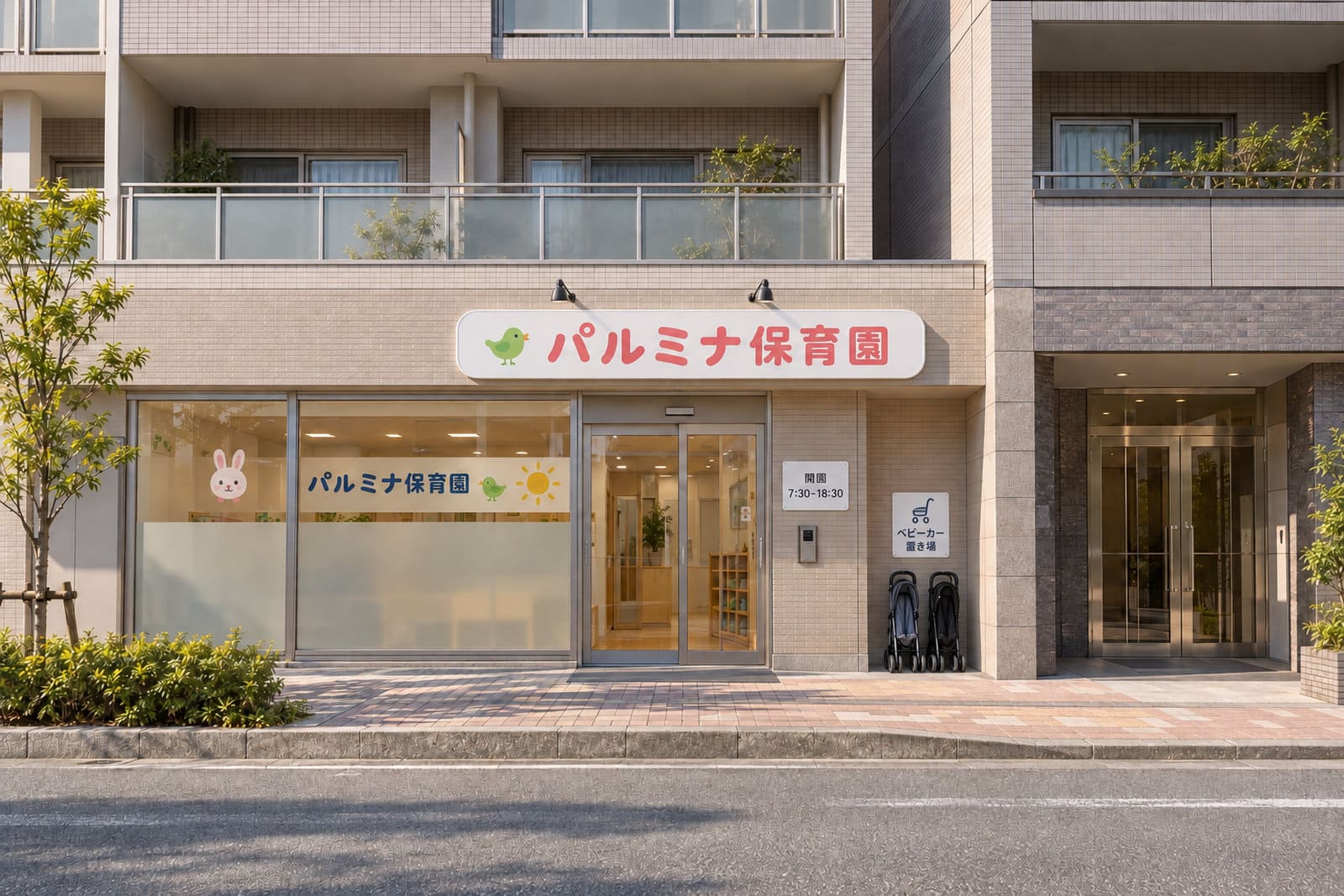 マンションの1階にある小規模保育園の外観。入口の上の園名の看板、ガラスに園名と小さな動物のイラスト、窓の下半分のすりガラス調のフィルム、入口の横の開園時間のプレート