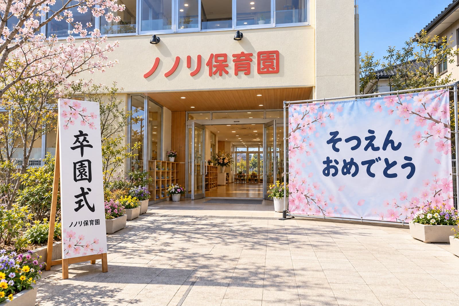 保育園の玄関の前に置いた、桜の絵と卒園式の文字の立て看板と、写真を撮るためのフォトスポットの幕