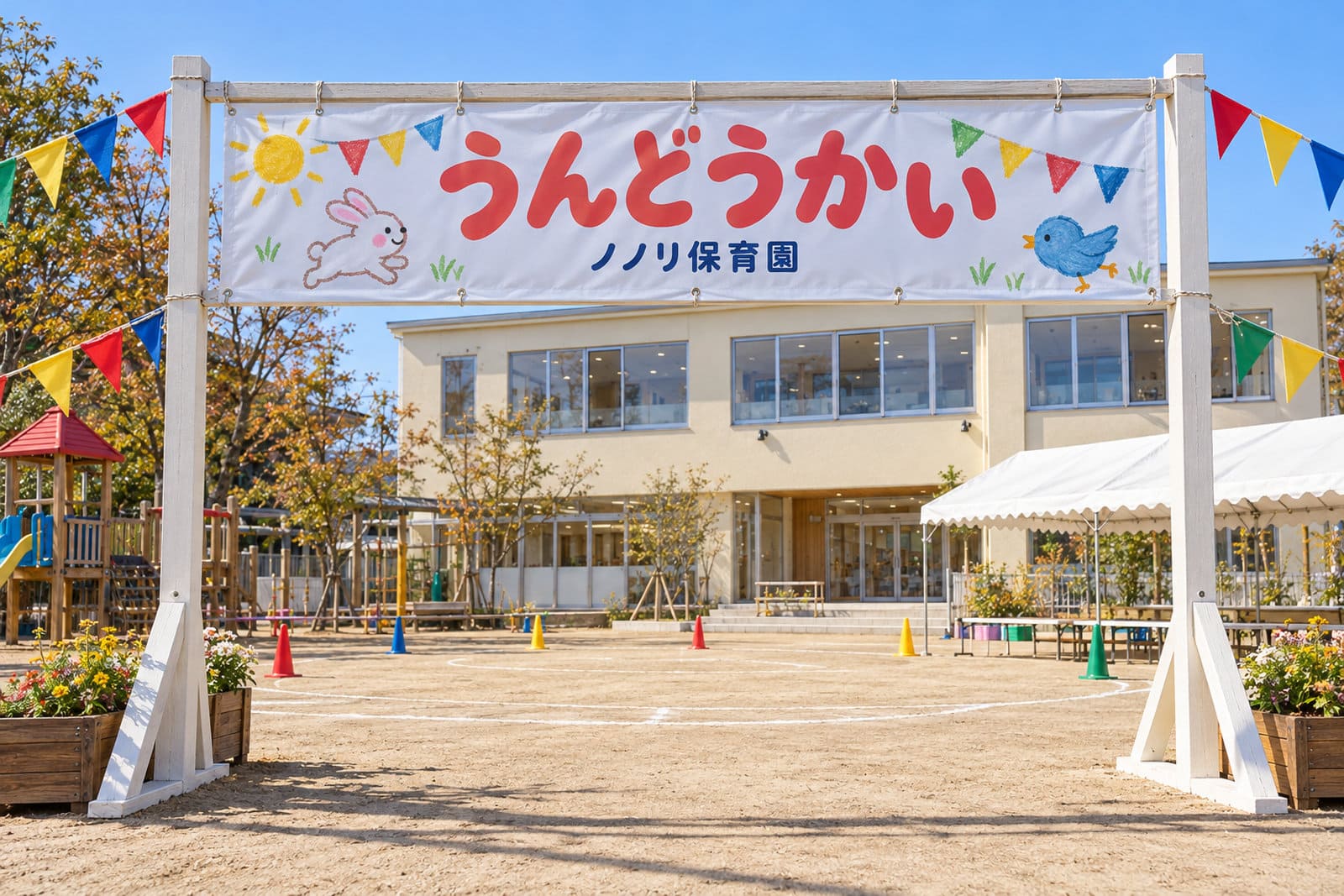 保育園の園庭の運動会の入場門に付けた、子どもの絵のような旗と運動会の文字が入った横断幕