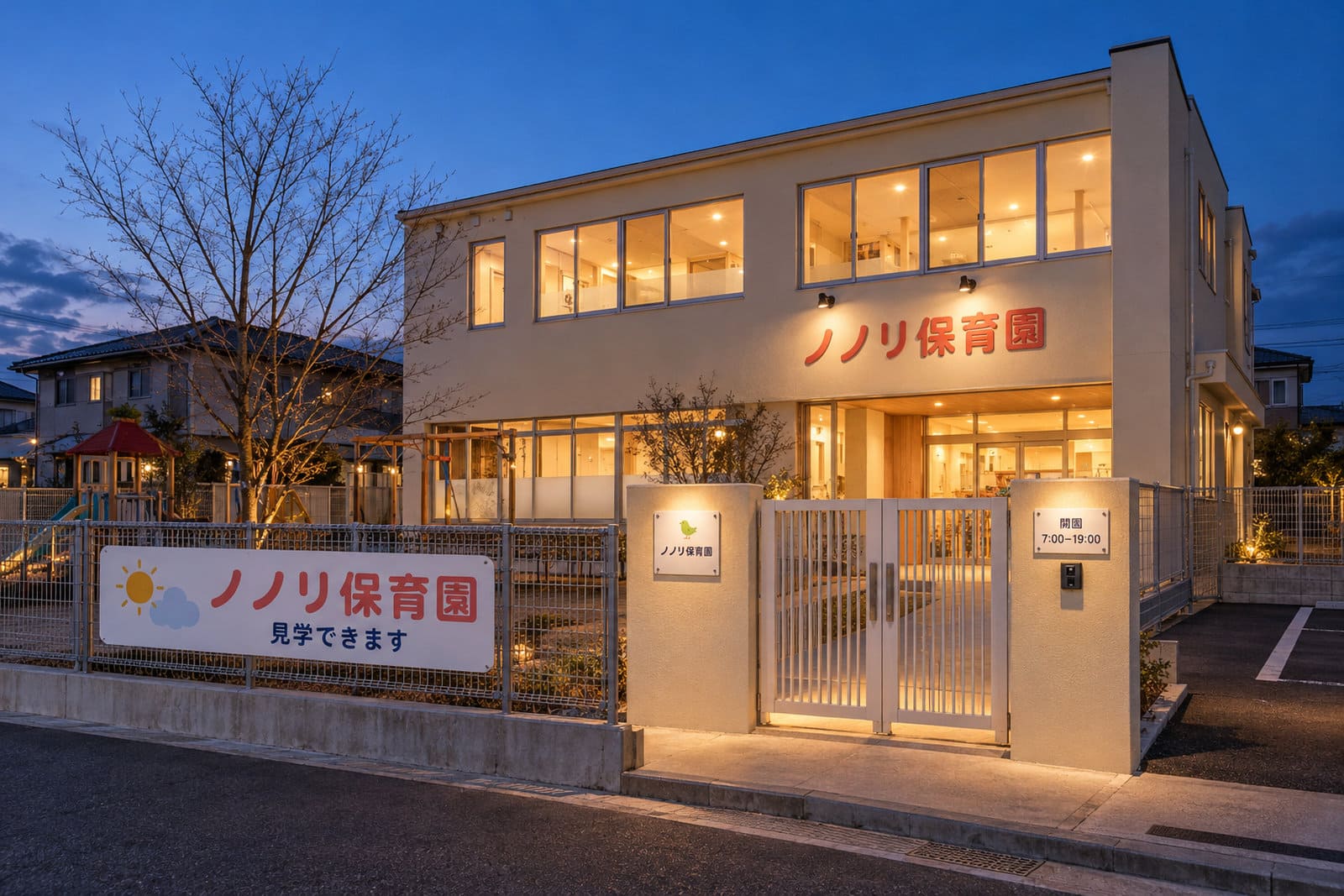 冬の夕方の保育園の門とフェンス。園舎の外壁に丸みのある立体文字の園名、門柱に園名のプレート、フェンスにイラスト入りの園名の看板、看板を照らす小さな照明がそろっている