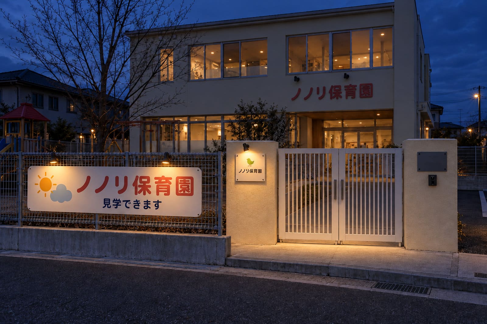 冬の夕方、小さなスポットライトで照らした保育園の門と園名の看板。電球色のやわらかい光で園名がはっきり読める
