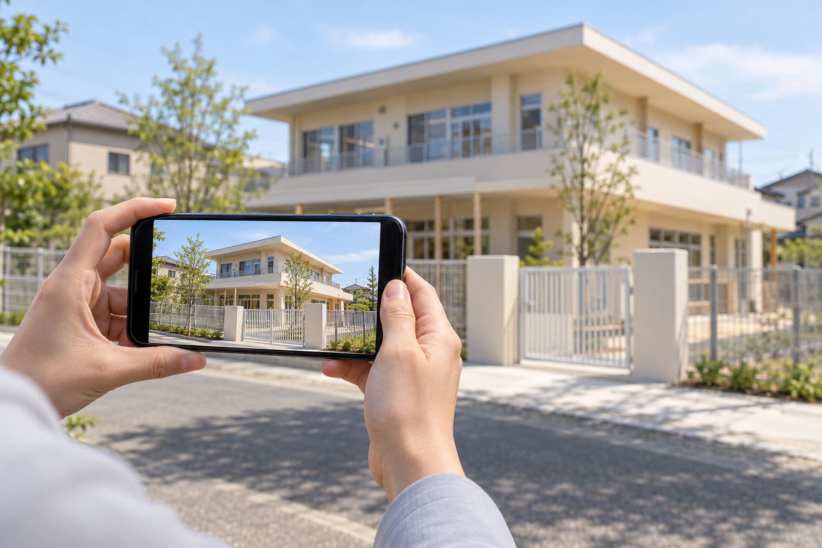 工事を終えたばかりの保育園の園舎の前の道路で、スマートフォンを横向きに構えて門とフェンスを撮影している人の手元