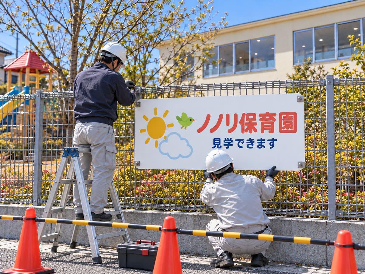 脚立に乗った施工スタッフが、保育園のフェンスにイラスト入りの園名の看板を取り付けている様子