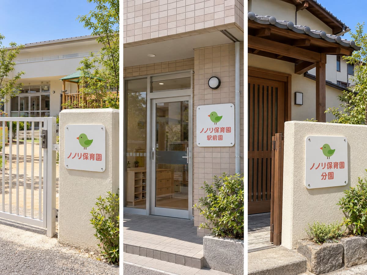 同じロゴと色でそろえた看板が付いた、別々の場所にある3つの保育園の門を並べた様子