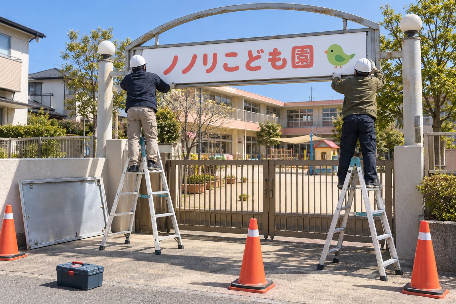 保育園の門の上の看板で、施工スタッフが古い面を外し、新しいこども園の名前の面に掛け替えている様子