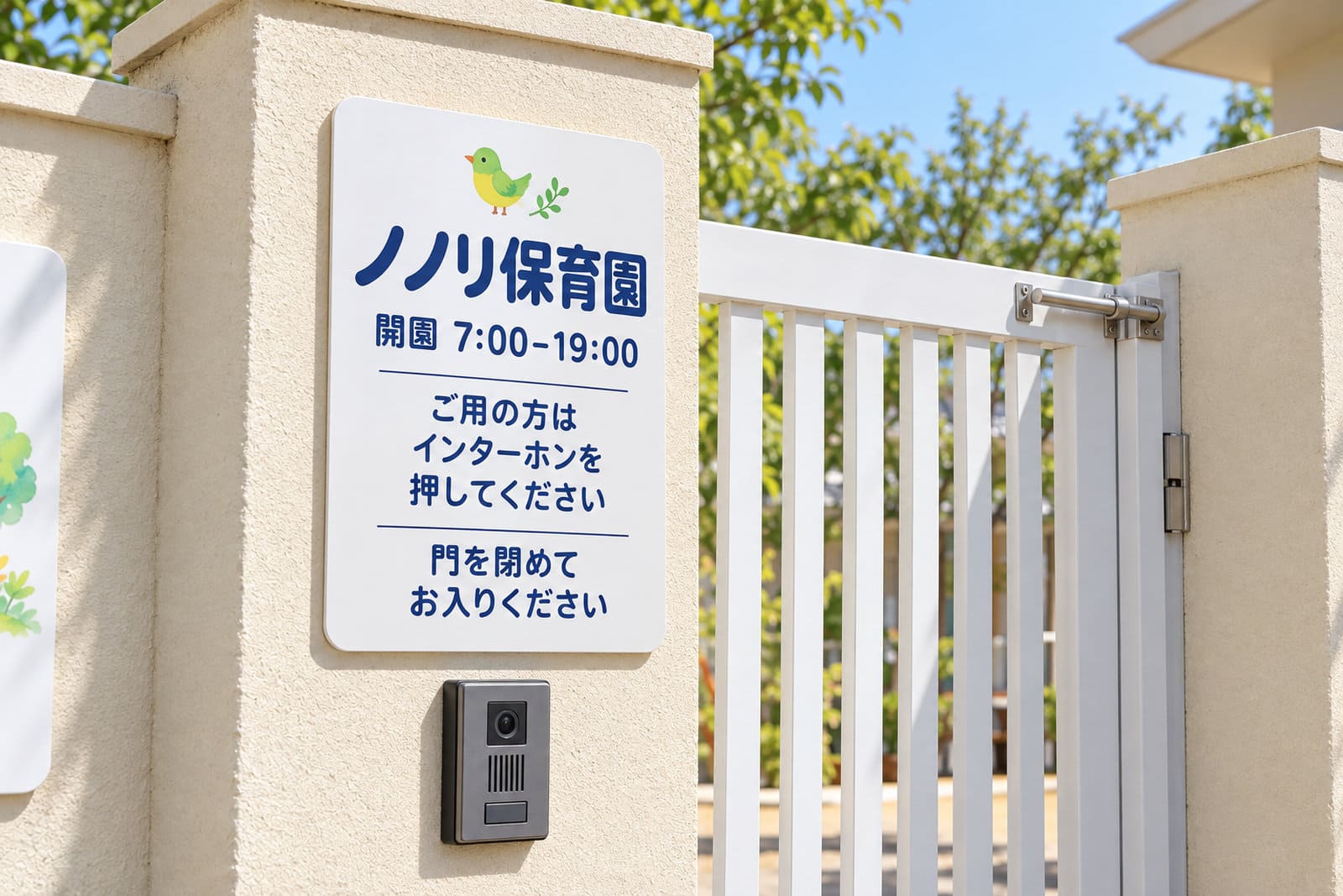 保育園の門柱に付けた、開園時間とインターホンの案内、門を閉めてお入りくださいというお願いの角の丸いプレート