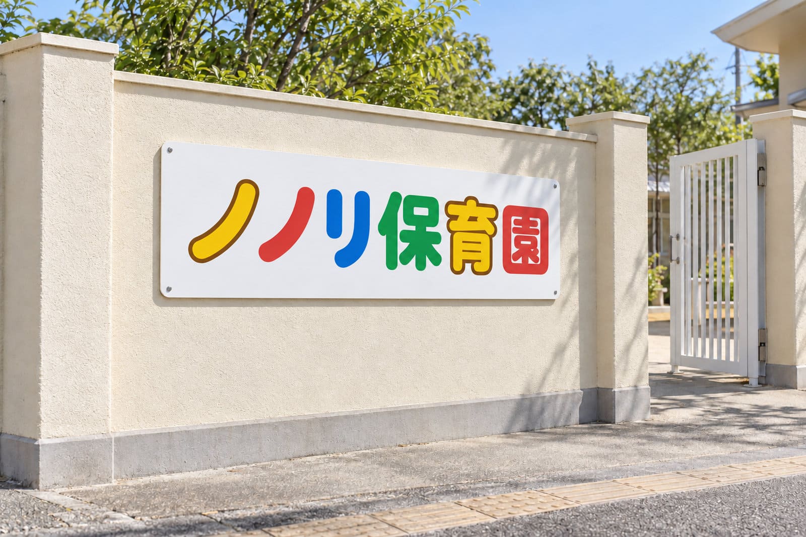保育園の門の横の塀に付けた、黄色・赤・青・緑の文字が1文字ずつ並ぶ明るい園名の看板。黄色の文字には濃いふち取り