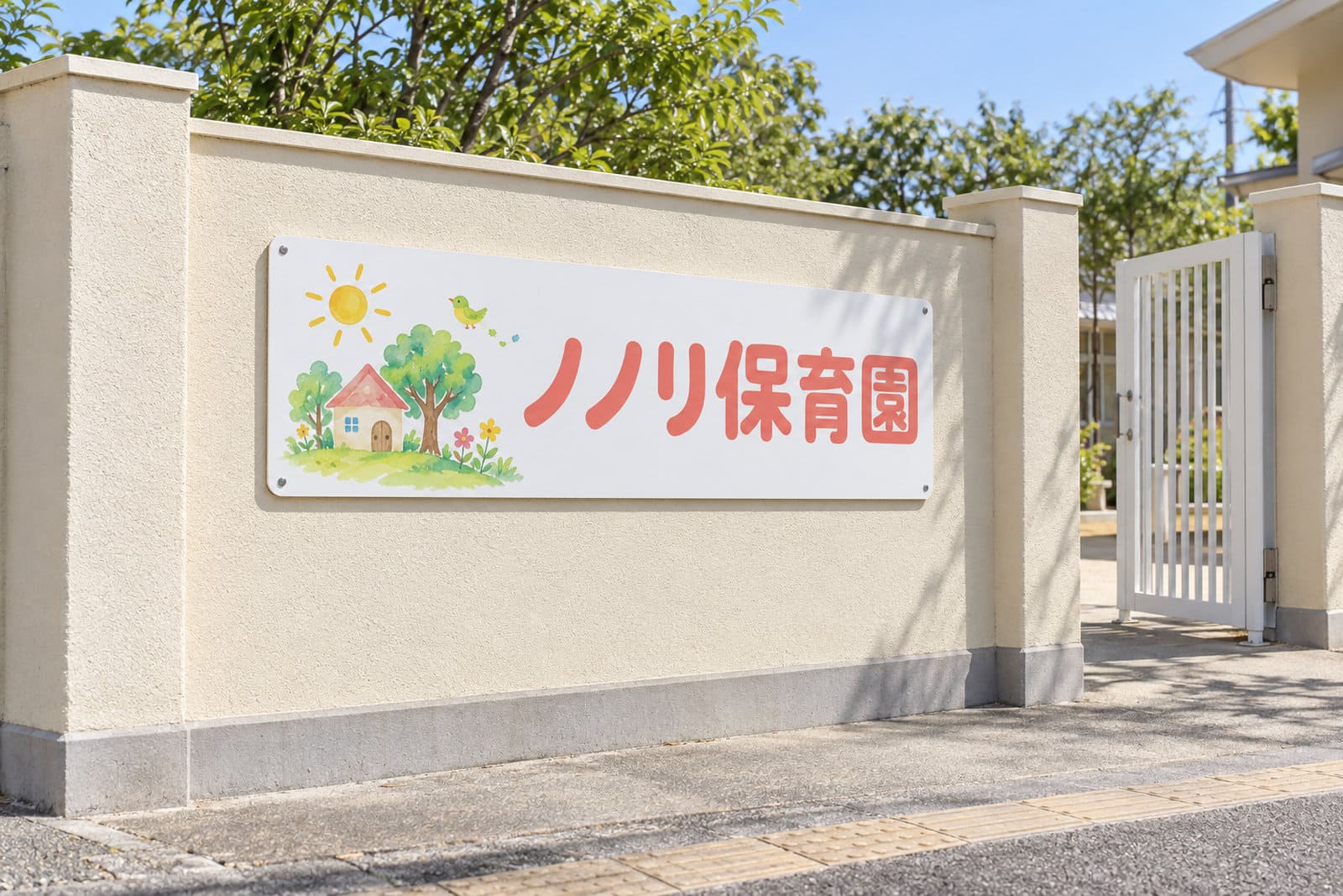 保育園の門の横の塀に付けた、絵本のような水彩風のイラストと丸い書体の園名の看板