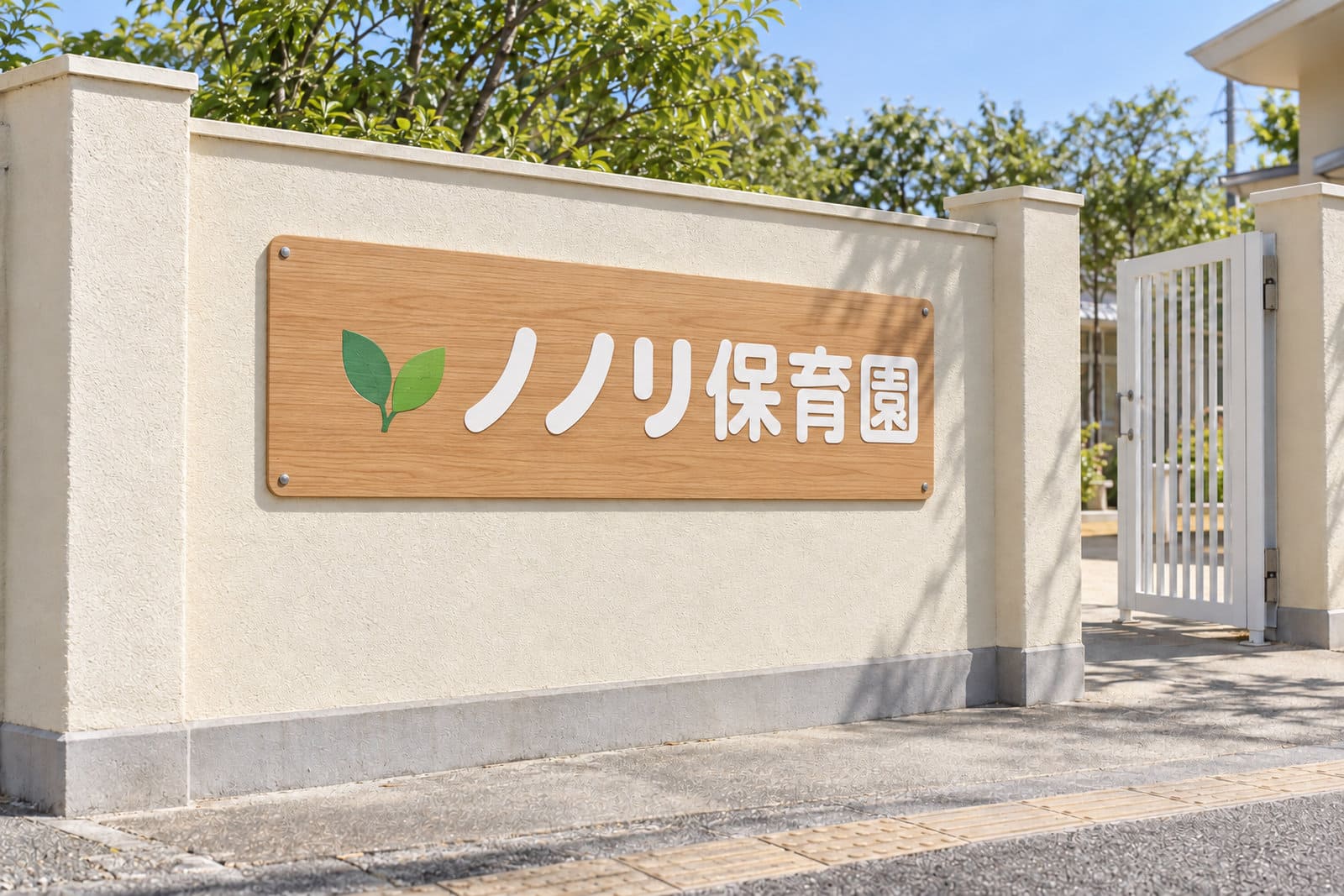 保育園の門の横の塀に付けた、木目調の板に白い丸い文字の園名と小さな葉のマークの看板