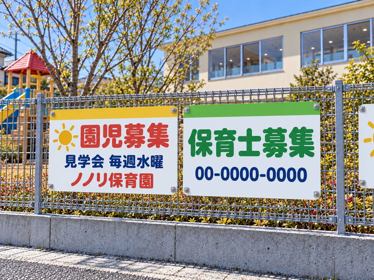 保育園のフェンスに付けた、園児募集と見学会のお知らせ、保育士募集の看板