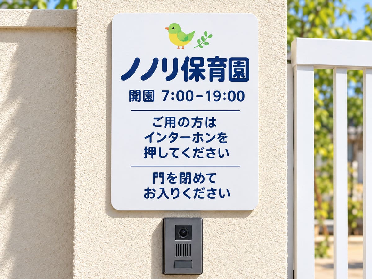 保育園の門の横に付けた、開園時間とインターホンの案内の入った角の丸いアクリルのプレート