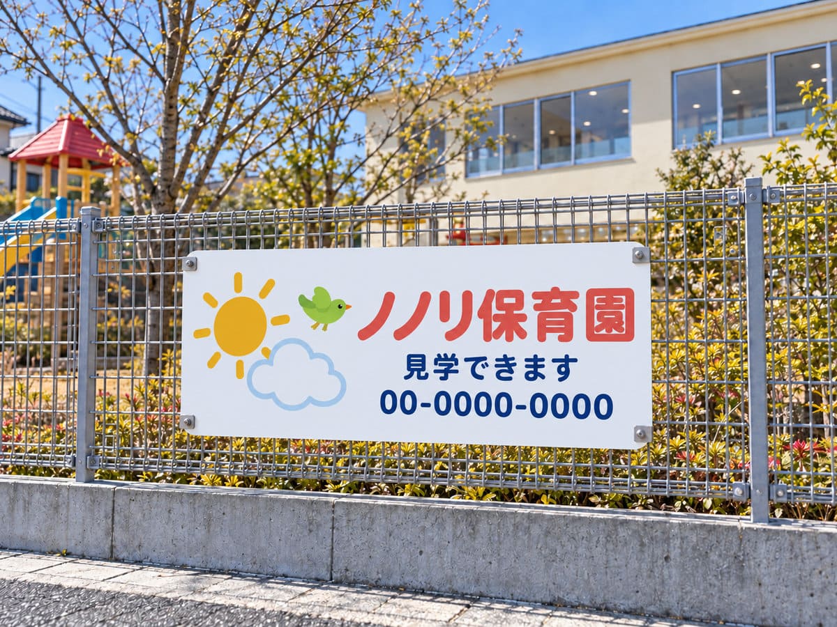 保育園の道路側のフェンスに取り付けた、イラストと園名の入った横長のプレート看板