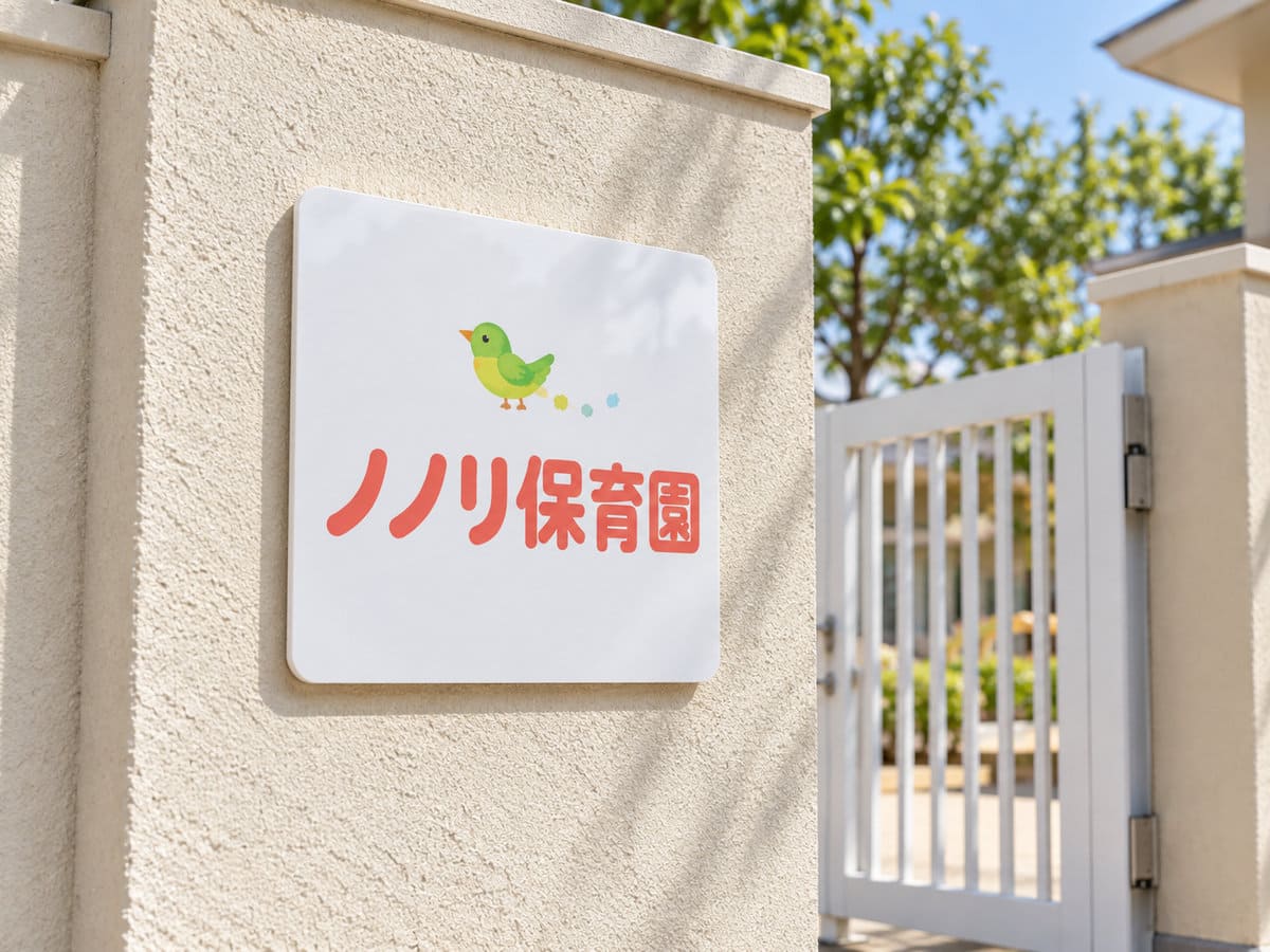 保育園の門柱に付けた、園名と小さな鳥のマークの入った白いアクリルのプレート
