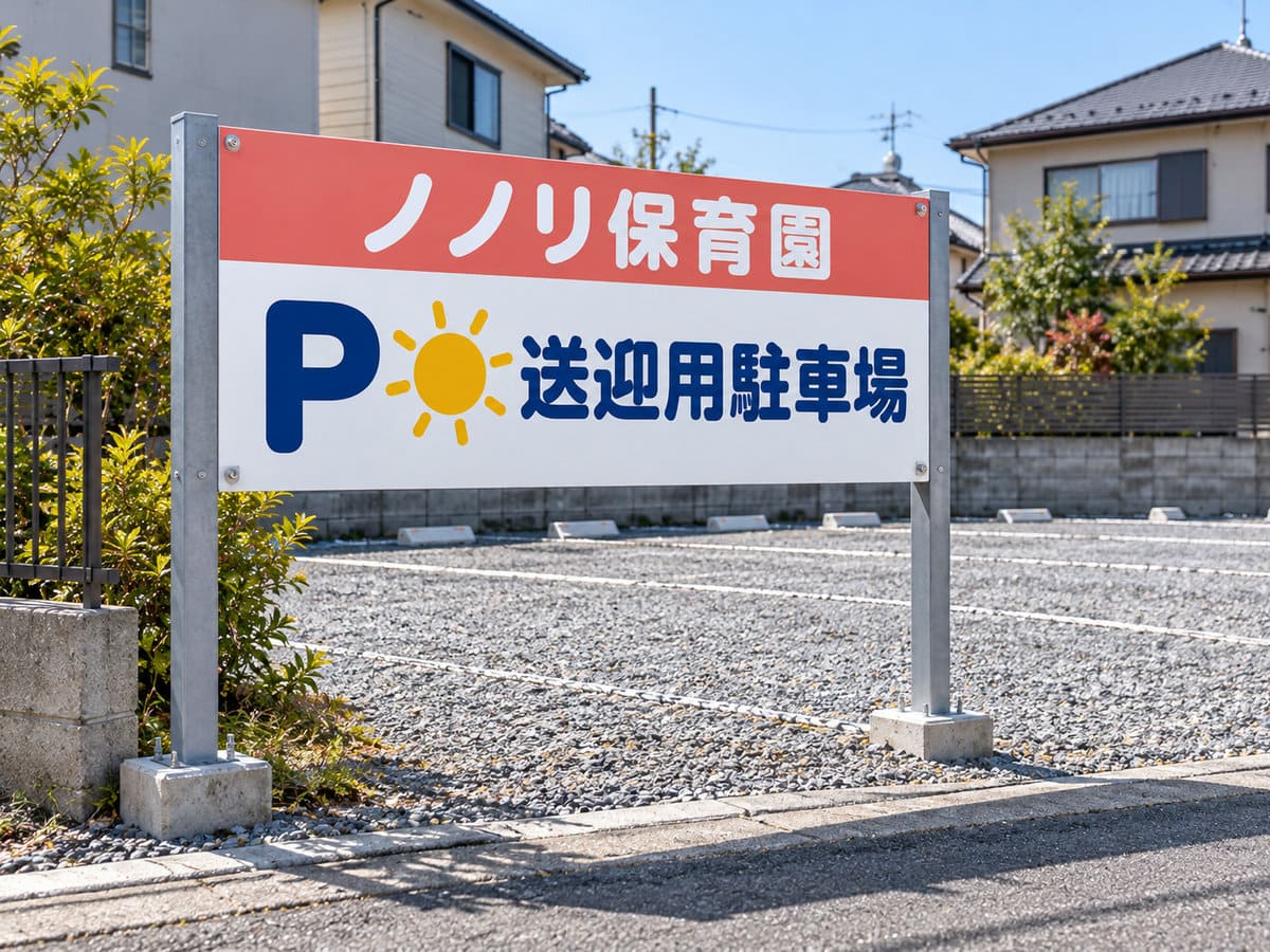 保育園の駐車場の入口に建てた、園名と送迎用駐車場の案内の自立看板