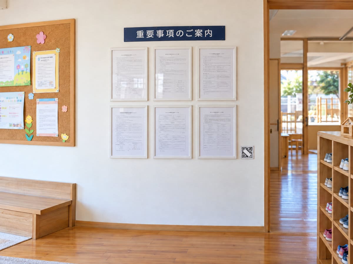 保育園の玄関の壁に、見出しのプレートの下に同じ大きさの額をそろえて並べた掲示コーナー