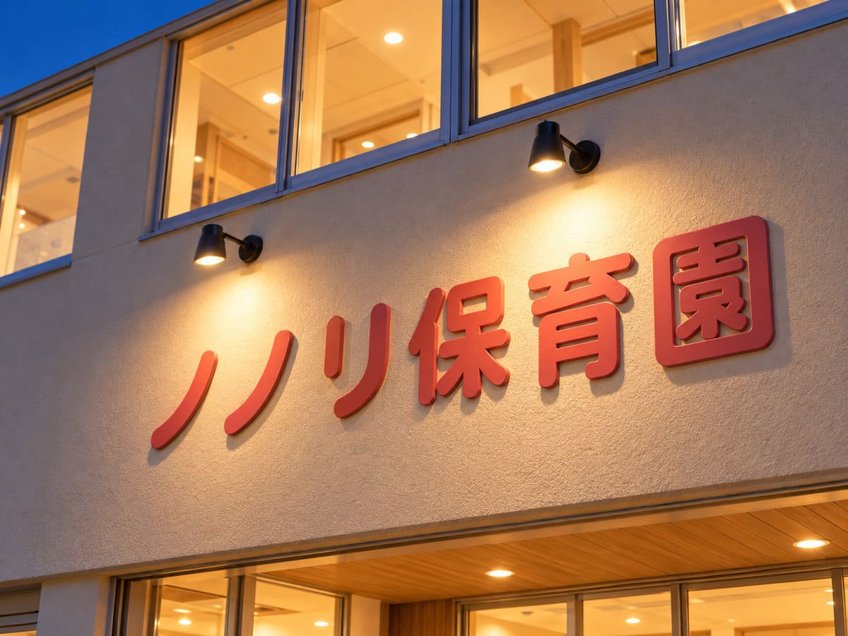 冬の夕方、保育園の外壁の園名の立体文字を、上から電球色で照らす小さなアーム付きのスポットライト