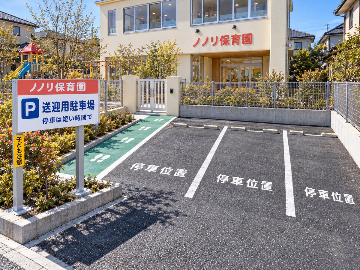 保育園の送迎用の駐車場の看板と、路面の停車位置と歩行者の通路の表示