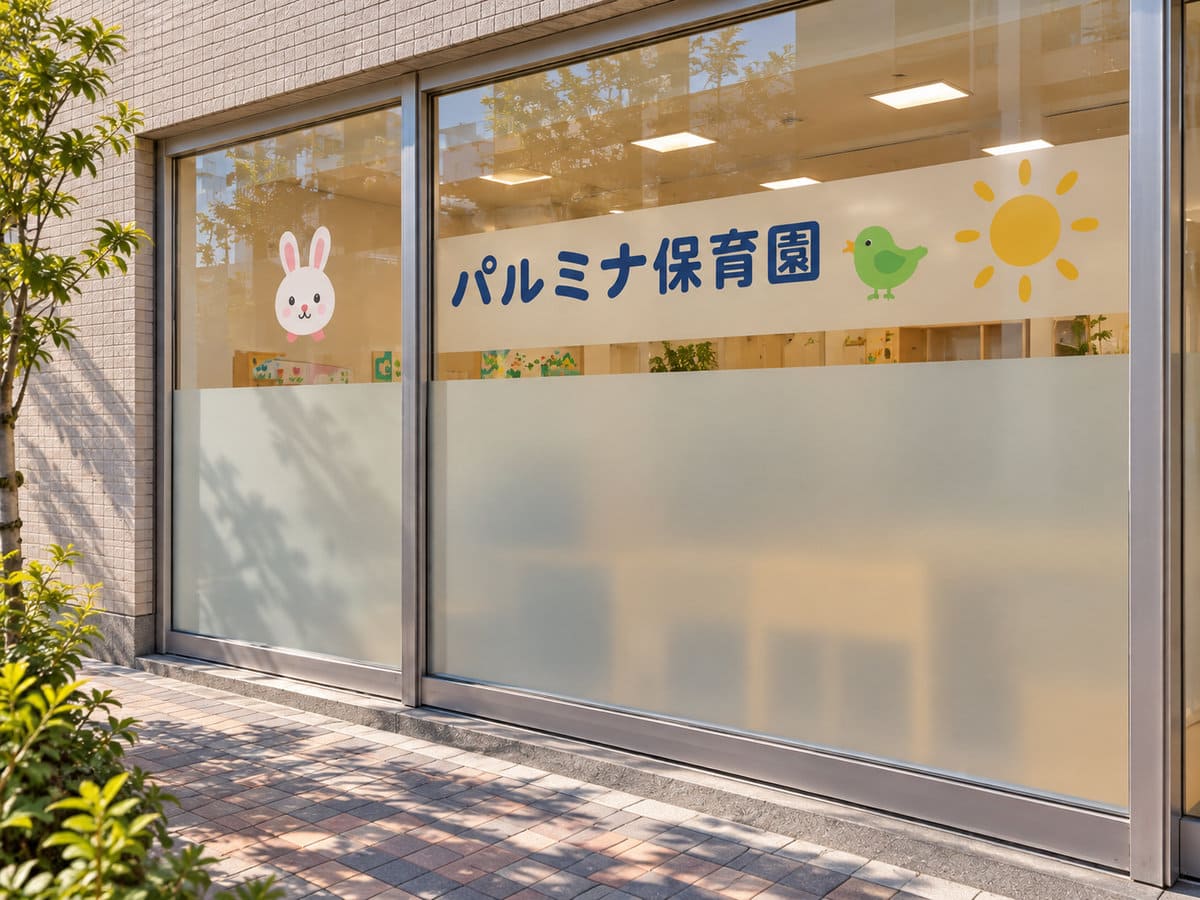 マンションの1階の保育園のガラスに貼った、園名と動物のイラストのウィンドウサインと、下半分のすりガラス調のフィルム