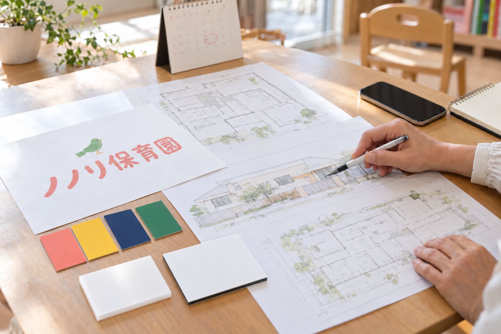 開園準備中の保育園の職員室で、園舎の図面と園のロゴの案、看板の色見本を机に広げて確かめている園長の手元