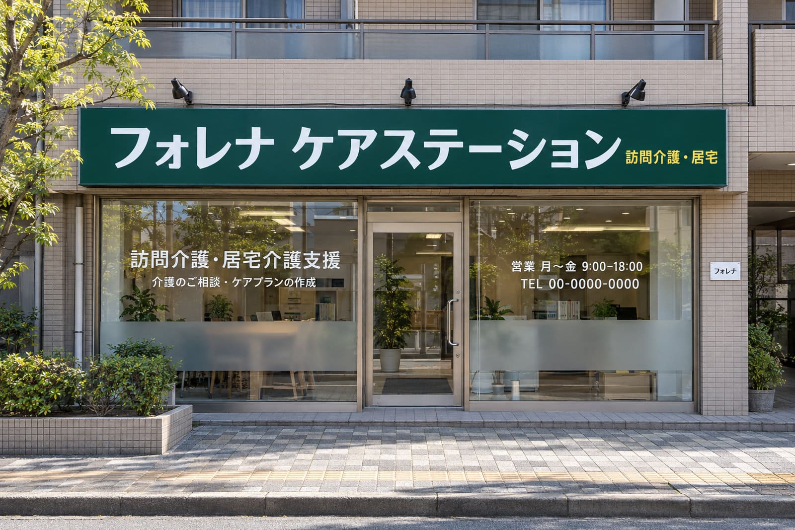 ビルの1階にある訪問介護と居宅介護支援の事業所の外観。入口の上の横長の看板、ガラスに白い文字で事業所名とサービス名、座る高さのすりガラス調のフィルム、入口の横の小さなプレート
